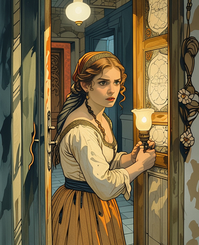 She took four or five steps beyond the entrance of the kitchen, where I stood, and with respect and apprehension, she slowly pushed open the door of the room, and by the light of the lamp she was holding, looked inside.