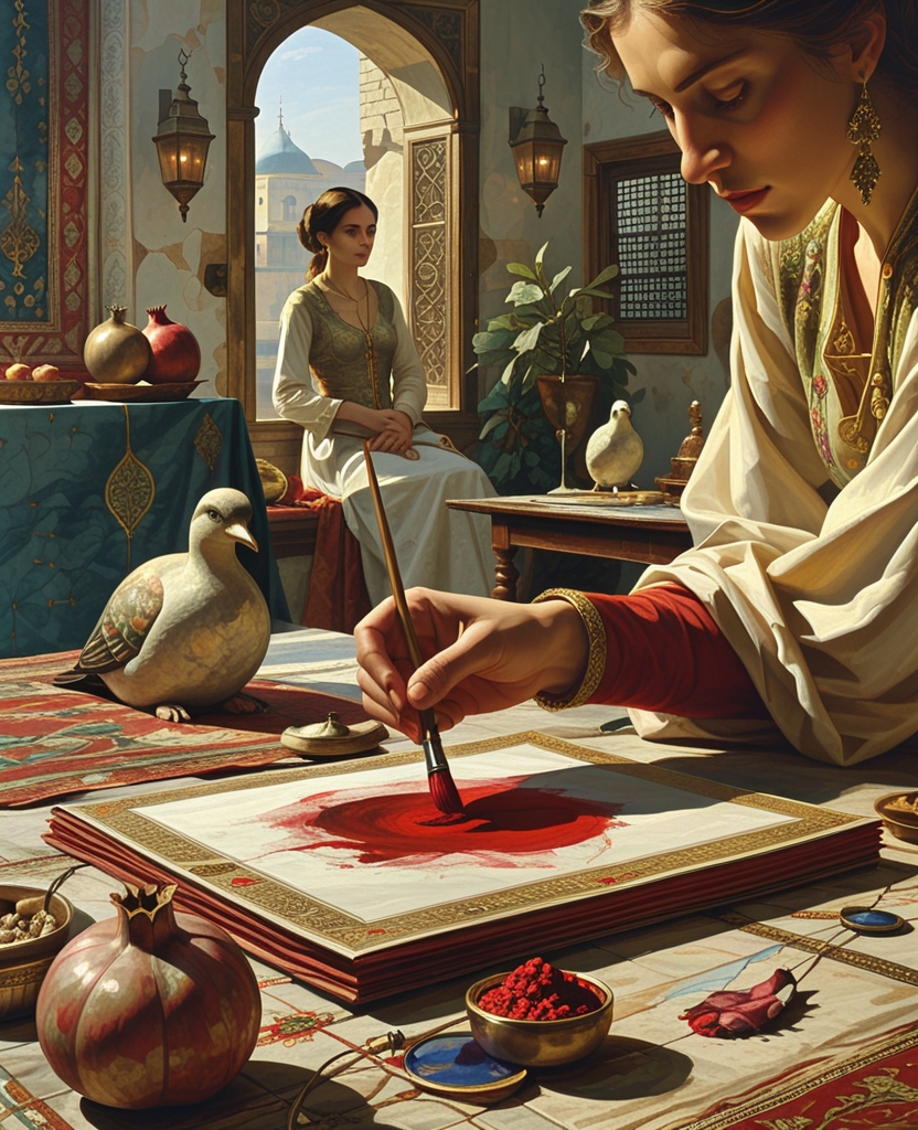 Yes, handsome almond-eyed apprentices applied me with elegant brushes to thick paper from Hindustan and Bukhara; I embellished Ushak carpets, wall ornamentation, the combs of fighting cocks, pomegranates, the fruits of fabled lands, the mouth of Satan, the subtle accent lines within picture borders, the curled embroidery on tents, flowers barely visible to the naked eye made for the artist’s own pleasure, blouses worn by stunning women with outstretched necks watching the street through open shutters, the sour-cherry eyes of bird statues made of sugar, the stockings of shepherds, the dawns described in legends and the corpses and wounds of thousands, nay, tens of thousands of lovers, warriors and shahs.