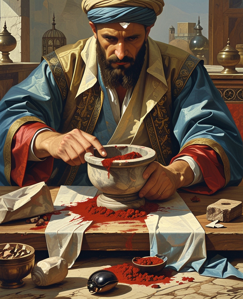 A master miniaturist, an expert in paints, furiously pounded the best variety of dried red beetle from the hottest climes of Hindustan into a fine powder using his mortar and pestle.