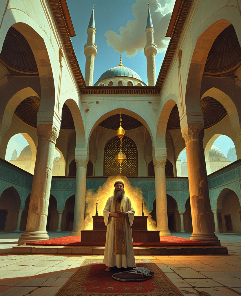 The broad space of the mosque courtyard, the face of the preacher, everything was suddenly illuminated by the glimmer of gold.