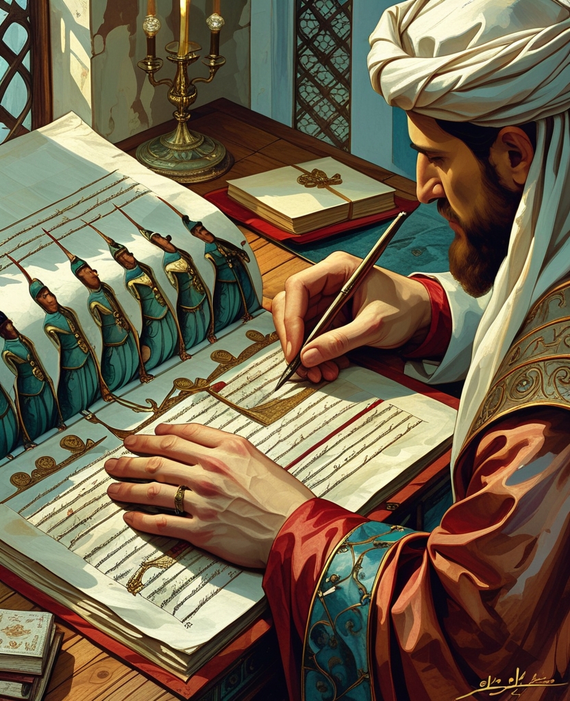 The subsequent illustration, that is, the fourth, ought to depict the proxy recording the divorce in the ledger, unleashing obedient armies of black-ink letters, before presenting me with the document declaring that my Shekure is now a widow and there is no obstacle to her immediate remarriage.