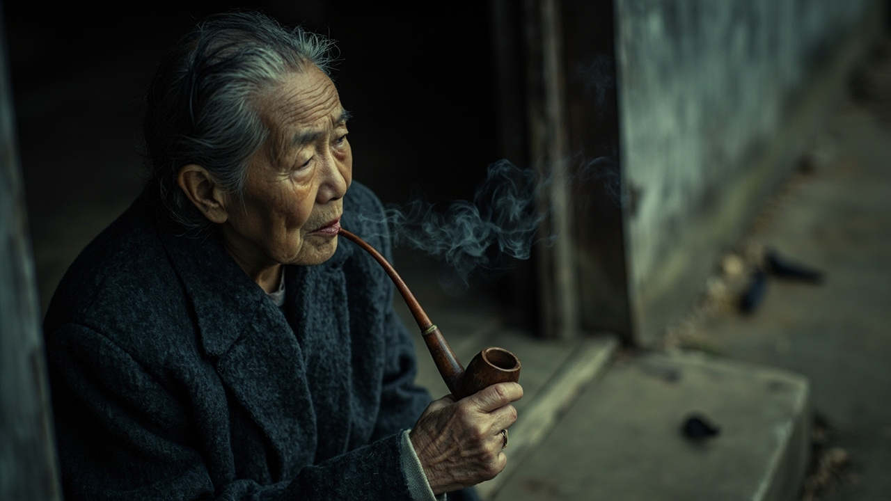 孙大姑坐在门槛上,端着长杆烟锅子,若有所思的抽烟。