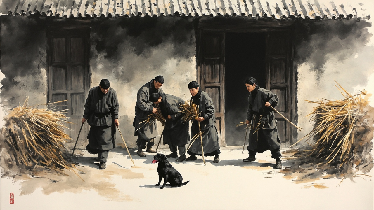 五个哑巴,蚂蚁一样,往屋子里搬运柴草,黑狗们蹲在门旁,伸着鲜红的舌头,好像在等待着什么。