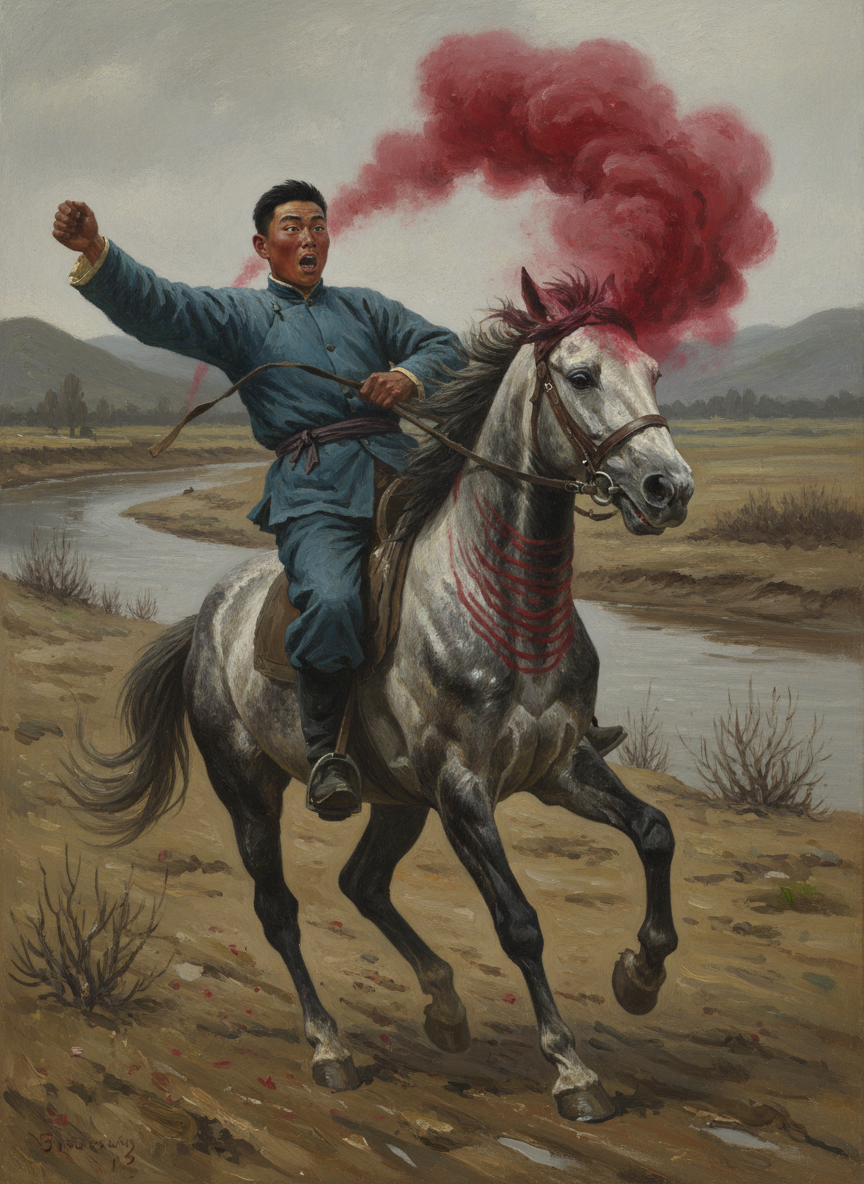 突然,花马的额头上冒起一股红烟,它剧烈运动着的四肢僵住了,光滑的马皮上出现了无数条粗大的皱纹。