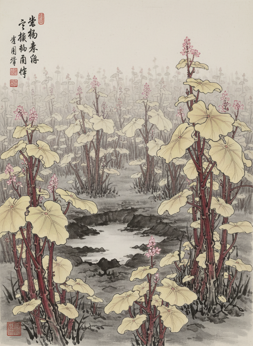 跑到她们栖身的胡麻地前,那里有一个蓄着脏水的大坑,坑里茂盛地生长着一些杂草和几棵像树一样粗壮的水荇,通红的茎秆,肥大的叶片是鲜嫩的鹅黄色,梢头高挑着一束束柔软的粉红色花序。