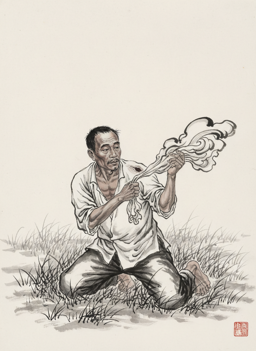 最让她吃惊的是:她认为早已死去的司令竟慢慢地爬起来,用膝盖行走着,找到那块从他肩膀上削下来的皮肉,抻展开,贴到伤口上。