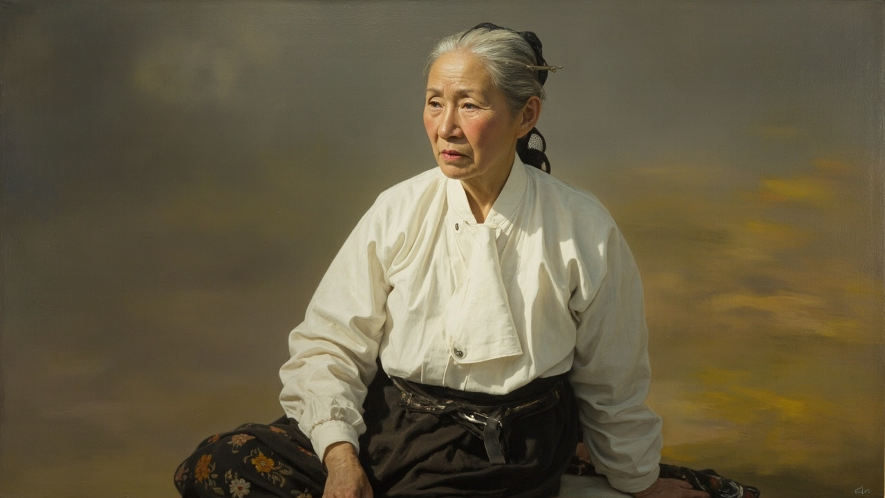 她上身穿着浆洗得板板整整的白布斜襟褂子,腋下的纽扣上拴着一块白手绢,下穿黑布裤,脚脖子上扎着小带,足穿青帮白底黑绒花绣鞋。