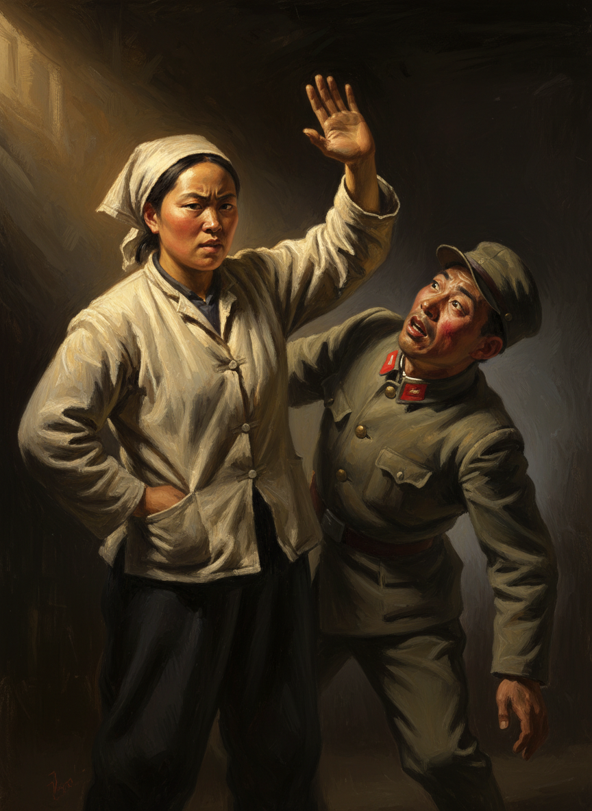 她抬手又批了这位日本兵一个耳刮子，看起来她打得并不用力，但日本兵的半边脸顿时肿胀起来。