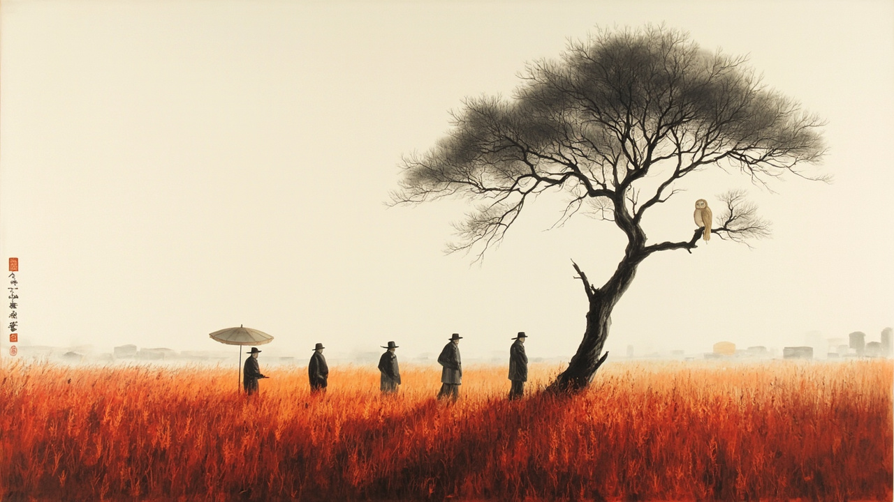 在血红黄昏的无边寂静里,响着沉重的脚步声,响着晚风从麦梢上掠过的声音,响着我沙哑的啼哭声,响着在墓地中央那棵华盖般的大桑树上昏睡一天的肥胖猫头鹰睡眼乍睁时的第一声哀怨的长鸣。