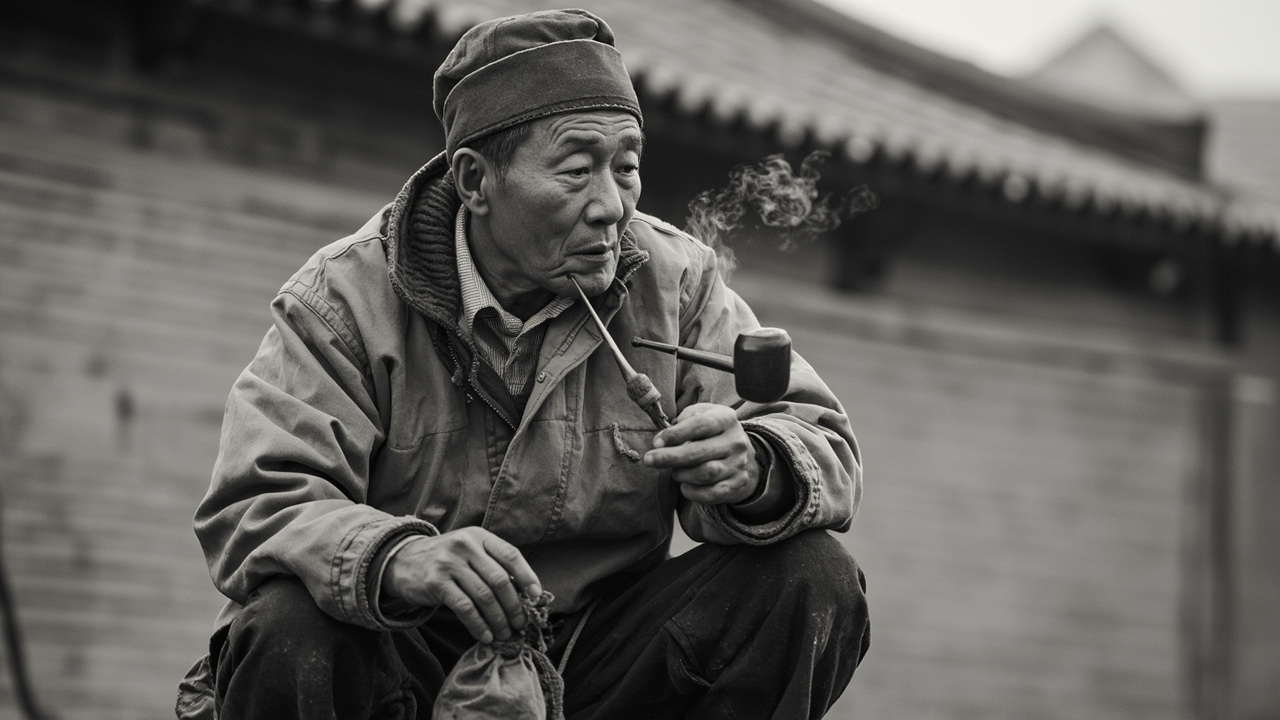 他蹲在地上,掏出旱烟袋,从烟荷包里挖了一锅烟,一声不响地抽起来。