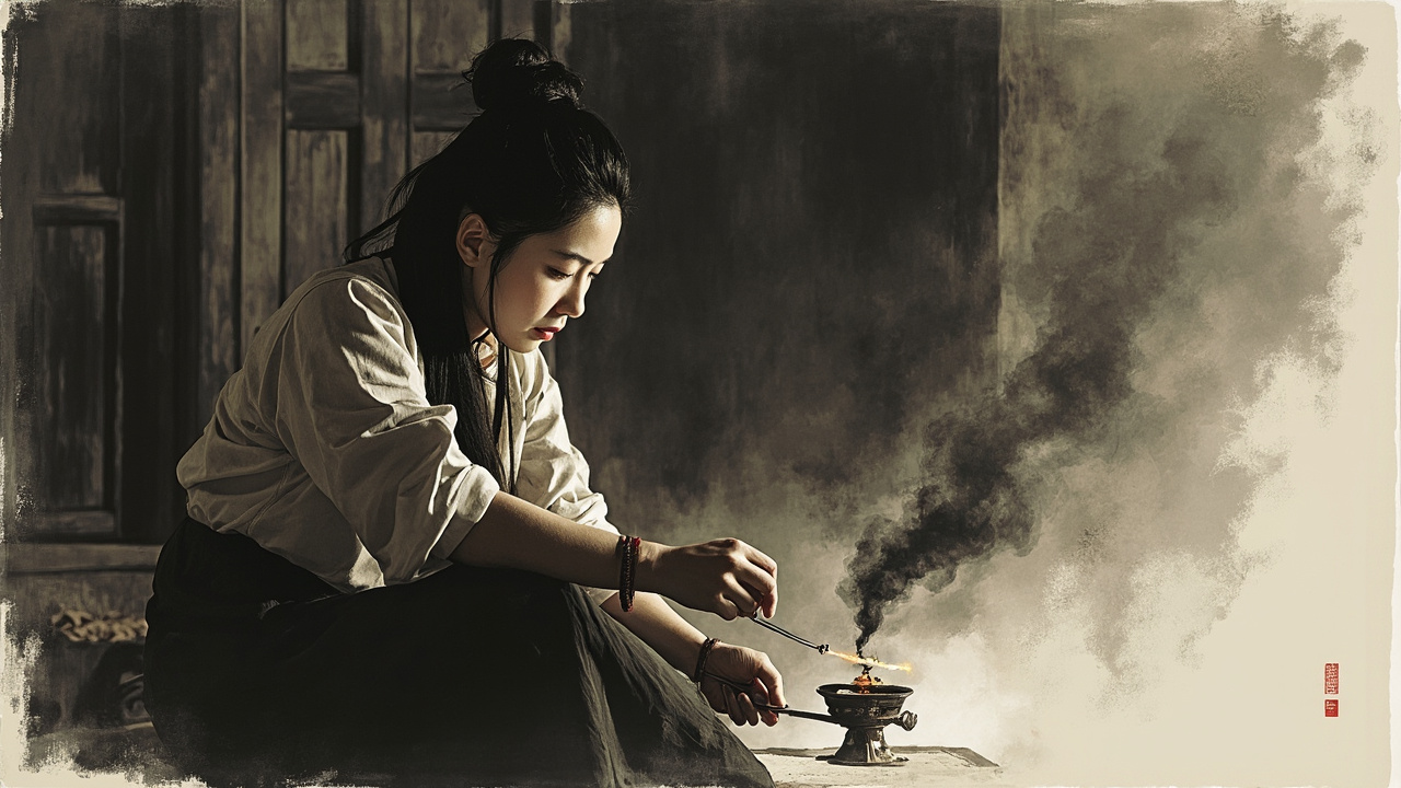 母亲骗腿上炕，从脑后拔下一根钗子，拔掉了灯花结，让灯光明亮起来。