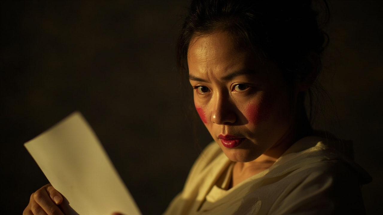 一会儿,从窗户洞里飘出一张白纸,那女人展开纸条一看,脸红成了公鸡冠子。