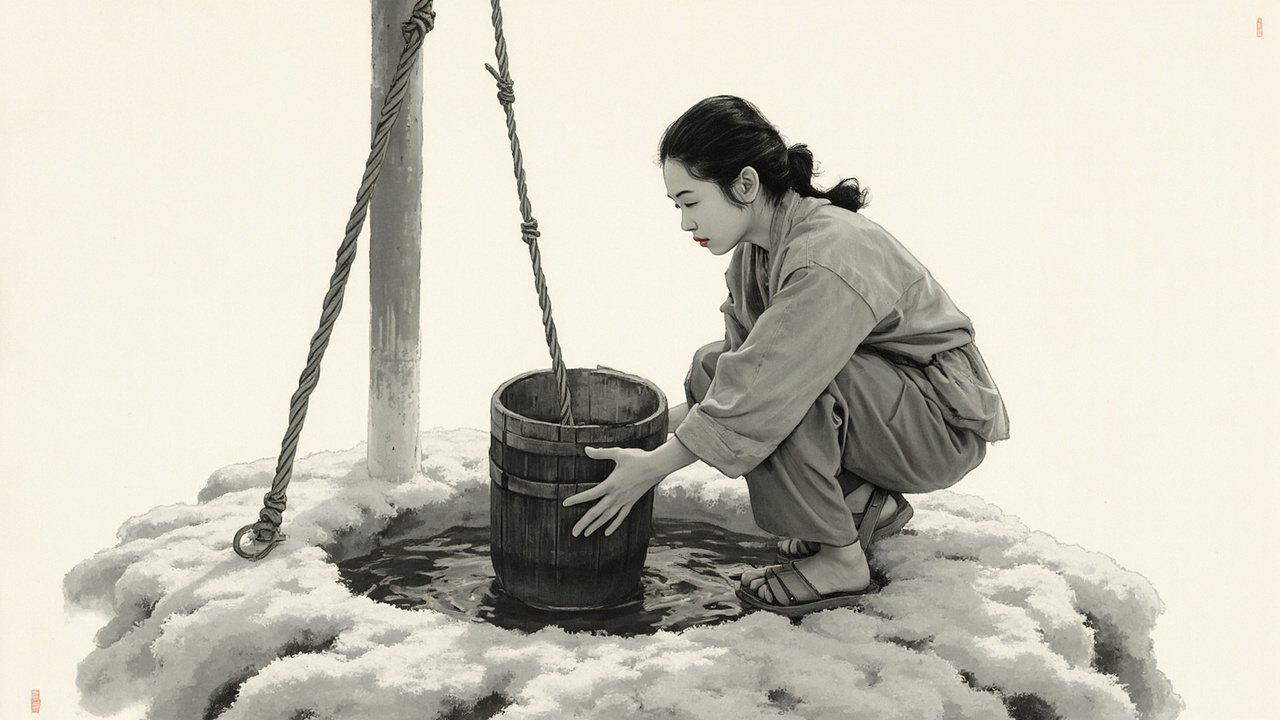 当那又祖又大的木桶露出井口时，她们伸出穿着木屐的脚轻轻一勾，便将水桶平稳地搁在了井台上。