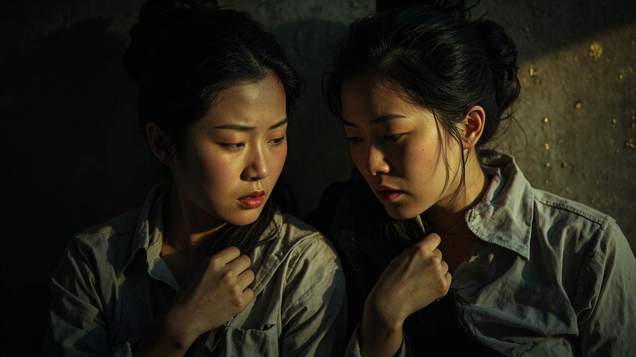 她们都把彼此的头发揪乱、把彼此的脸抓破、把彼此的上衣撕破，暴露出彼此的伤痕斑斑的乳房。
