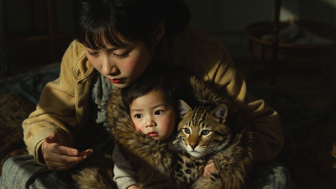她伸出一只手，摸了摸皮毛，她接着便看到那女婴的豹子般的、懒洋洋的阴险目光。