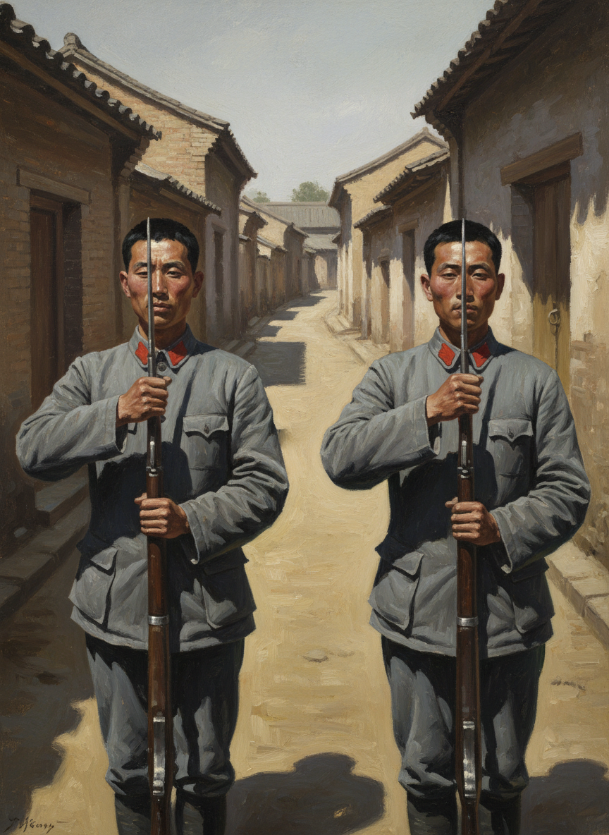 两个持枪肃立的士兵脚跟并拢,左手拄枪,右手并拢,从胸前弯过去,按在雪亮的刺刀刃上,对我们行了一个持枪注目礼。