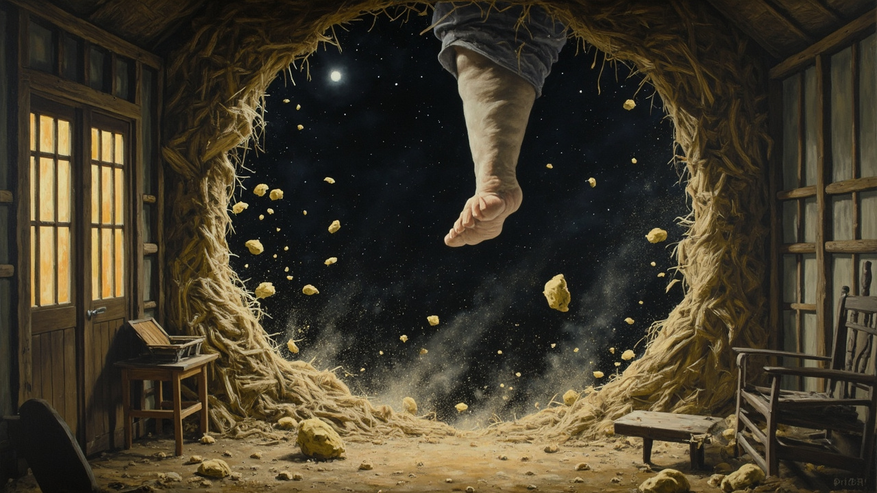 一只脚踩破了我家房顶,漏下块状的泥土和一片星光。