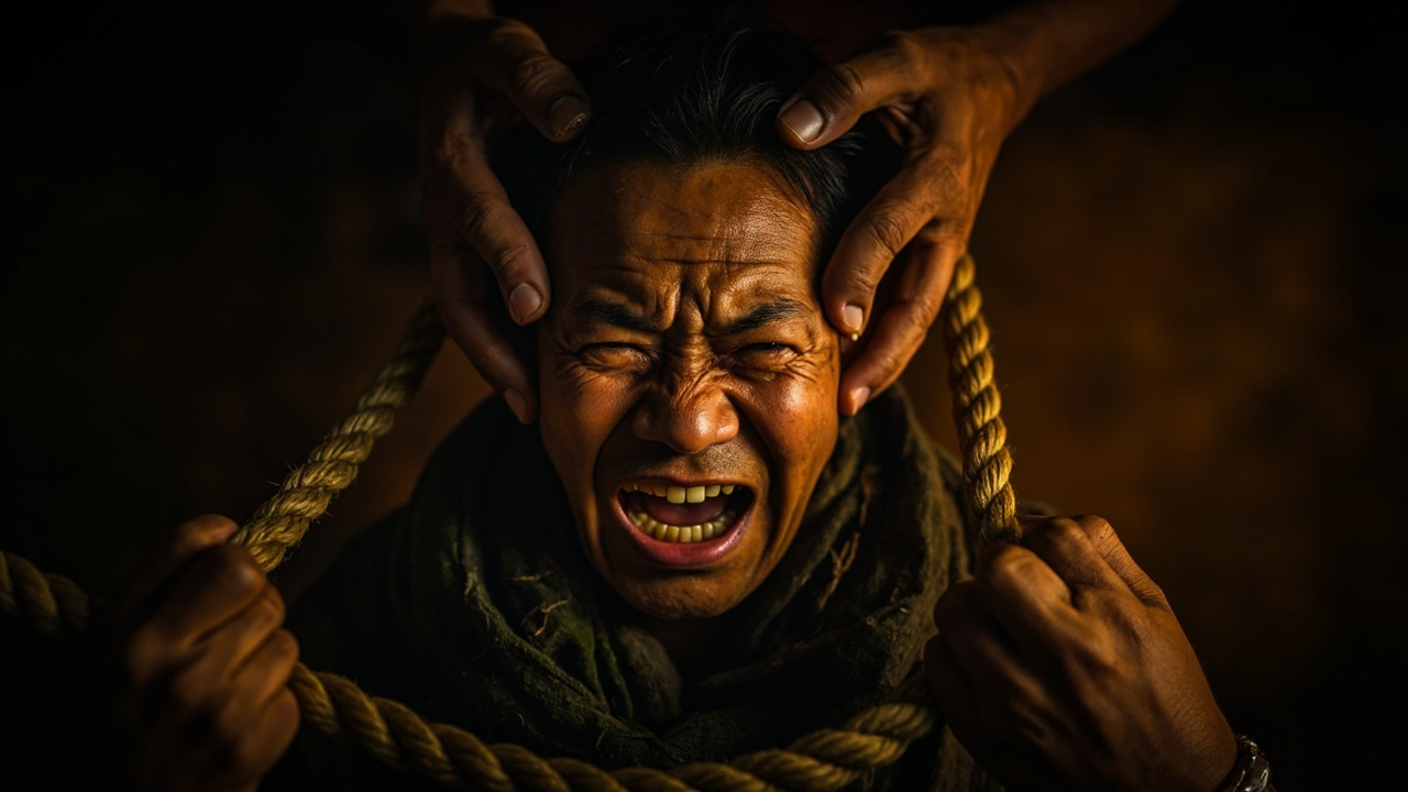 一个被绳子勒低了头,他拼命想昂起头,但几只强有力的大手不容他抬头。