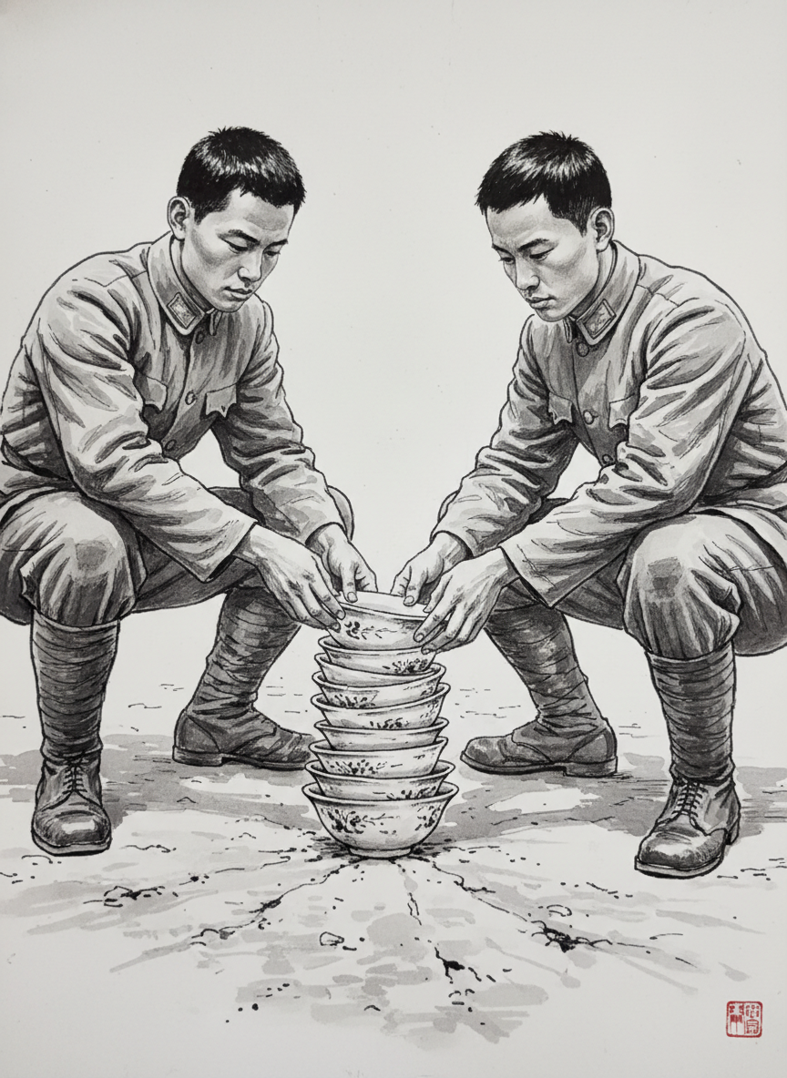 小兵们上身保持着正直,双腿往下落,终于蹲下,双手下垂,手背从碗底抽出。“