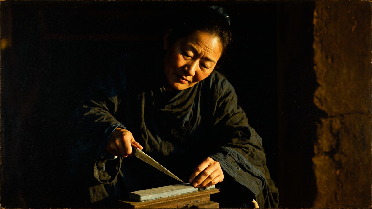 院子里,上官来弟穿着那件四年没脱下过的肥大黑袍子,弓着腰,在磨刀石上磨一把尖刀。