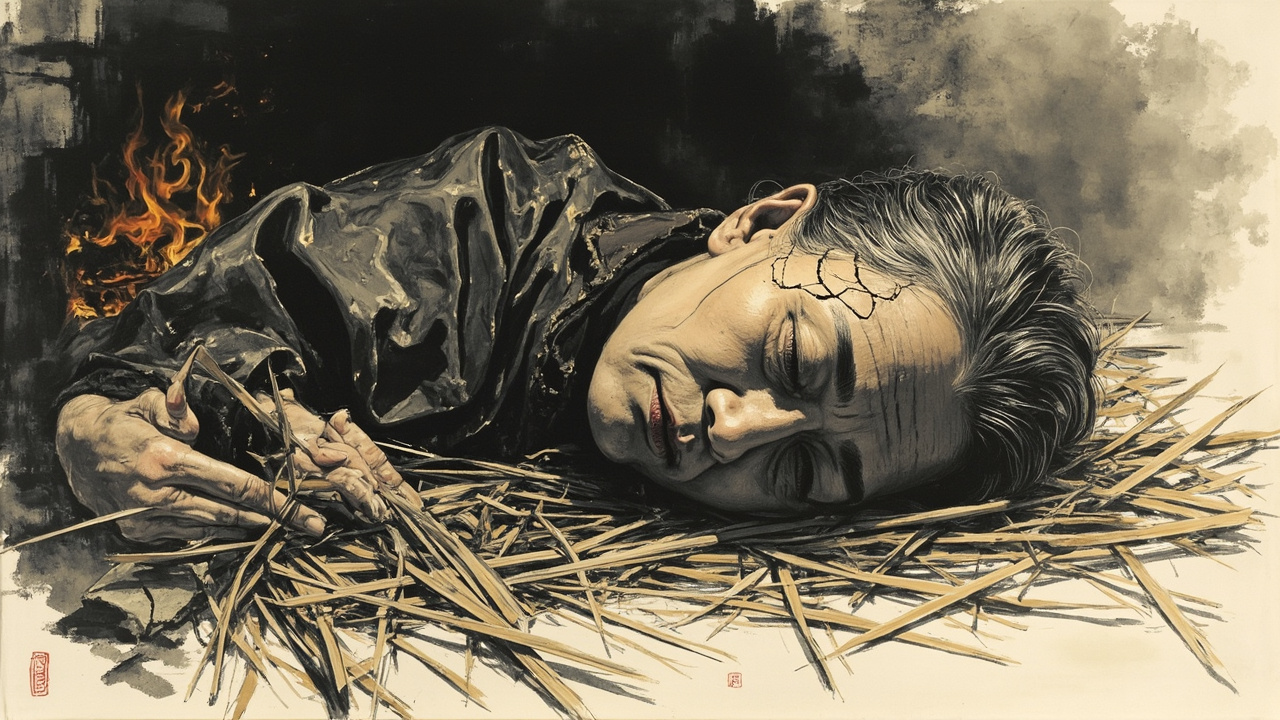 上官吕氏躺在灶旁的草堆上，她的脑袋裂开了一条缝，好像一颗被砸破的核桃。