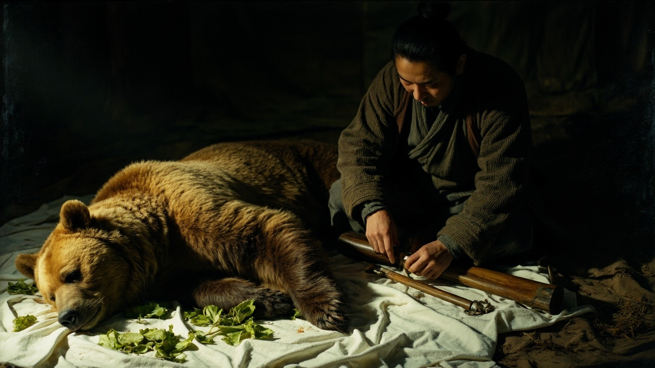 司马库坐下后,那只狗熊已经躺在白布上死了,它的胸脯上,淌着绿油油的血,猎人坐在死熊旁边往枪里压子弹。