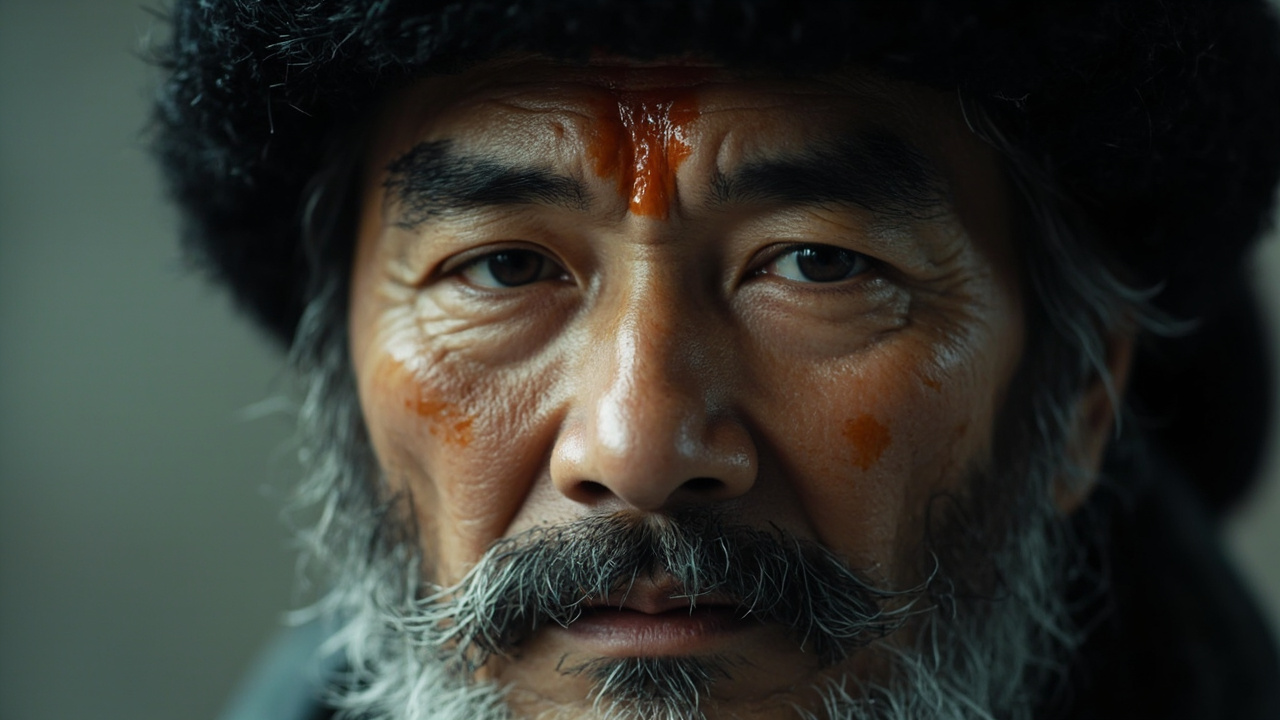男人的脸,浓眉毛,鹰眼,油亮的络腮胡子,把眉毛和额角断开的一道亮疤。