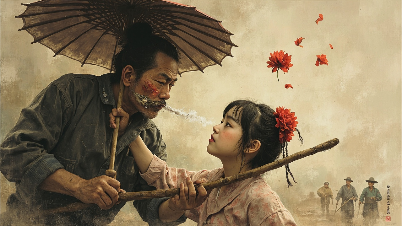 他嘴里喷着酒气,牙齿上沾着韭菜,瞪着螳螂眼,毫不客气地一杆子打掉了磕头虫的妹妹斜眼花头上的红绒花。