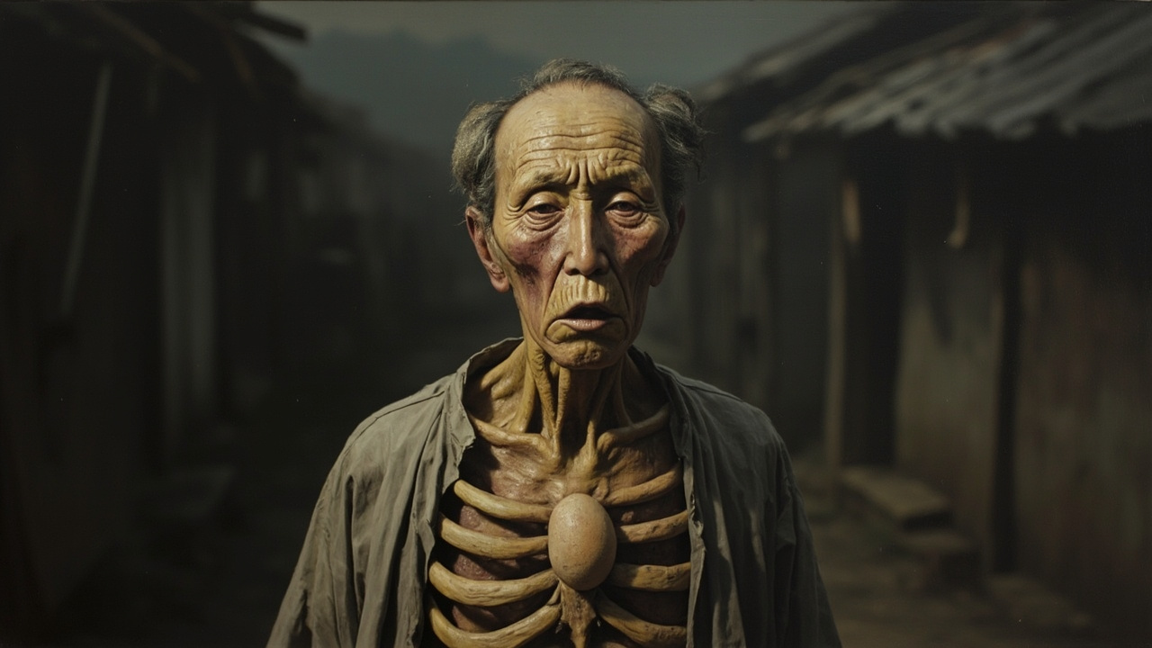 黄脸变紫,头发像两块毡片,绸褂子粘在身上,脖子更长,喉结像一只鸡蛋,胸膛上肋骨凸现。