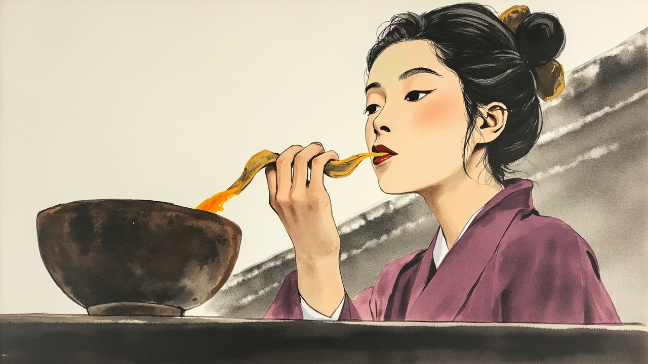 她走到他面前,把大饼伸到司马粮高高托举起的碗里,蘸上黄色的酱,为了防止酱液流下,她的手腕灵活地挽了几个花。