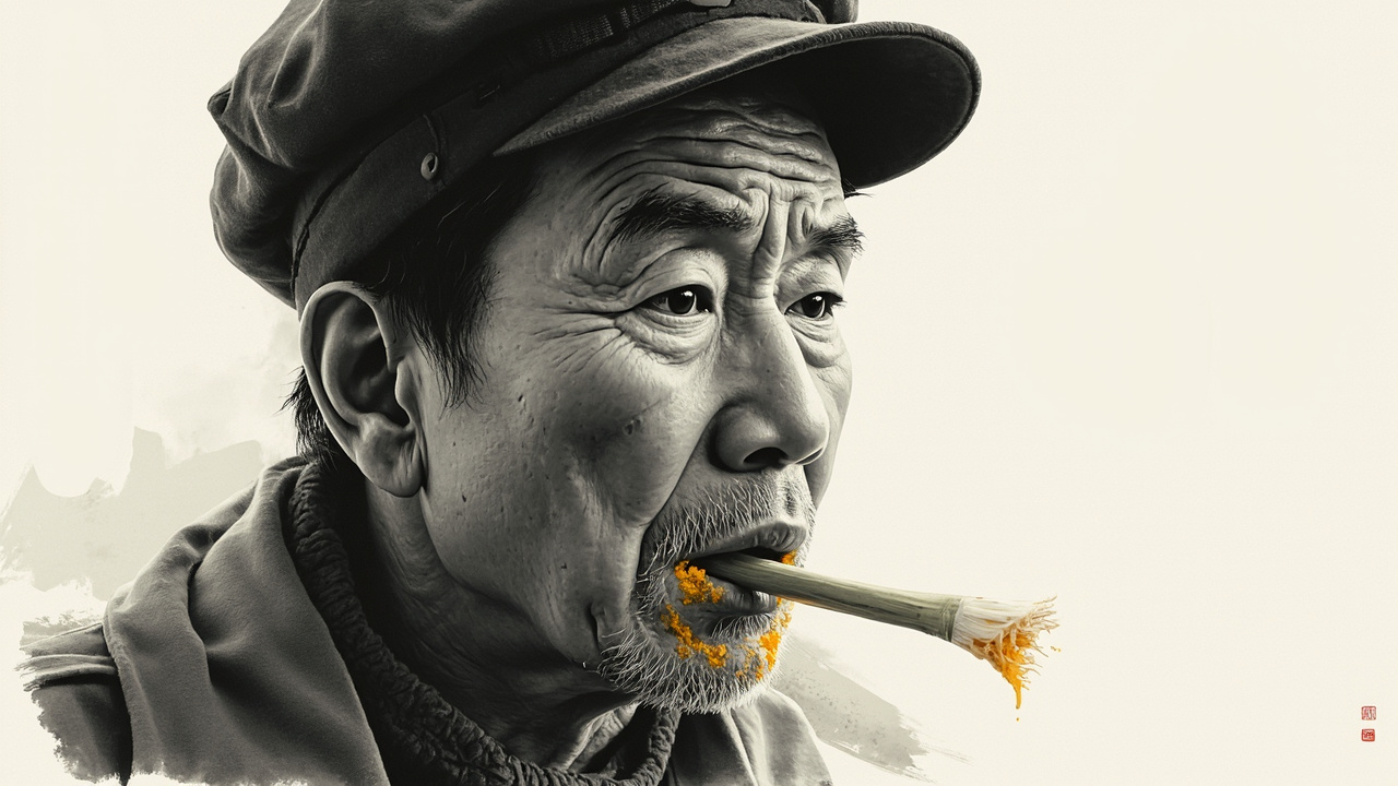 他困难地咀嚼着,大葱在他口腔里咯吱咯吱响,食物把他的腮帮子撑得很高很圆。
