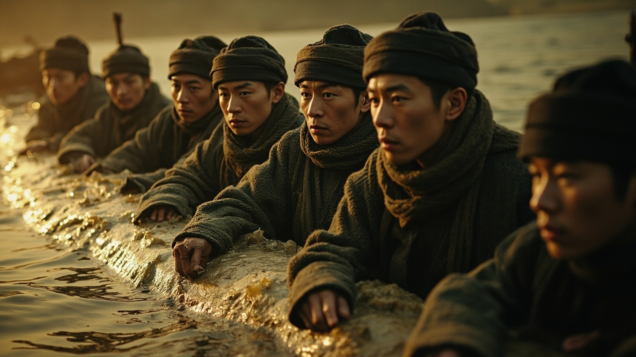 哑巴和六个士兵提着木锨,小心翼翼地跳上木筏,木筏摇晃着,歪斜着,吃水线加深了许多,水从筏面上漫过去。