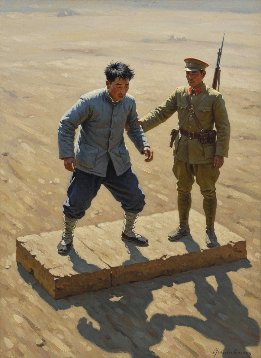 士兵把他掷在台上,他的双腿像踩着钢丝弹簧一样,身体上下耸动,好久才站稳。