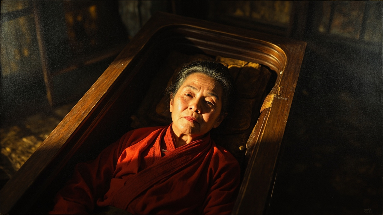 火光宛如波波抖动的红绸,照亮了我们的脸,也照亮了舒适地躺在棺材里的老太婆。