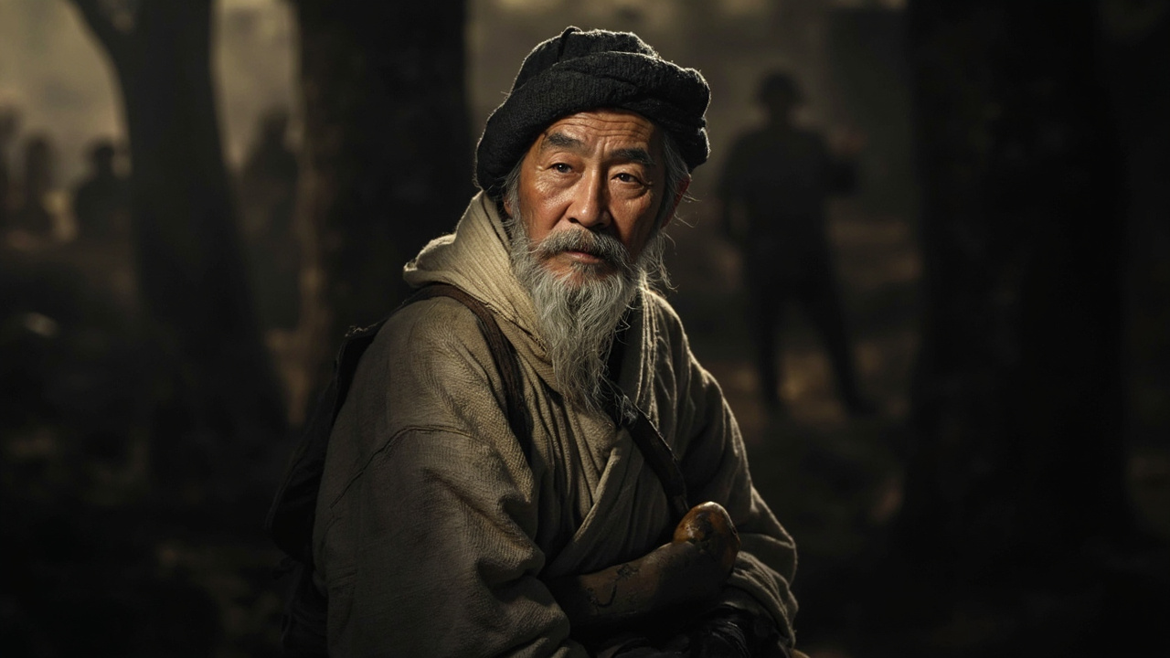 老人穿着一件棉袍子,腰里扎着一根粗布带子,带子上别着烟锅和烟袋。
