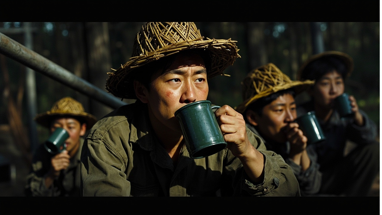 炮兵们头上戴着用松树枝扎成的帽子,蹲在树林边缘上,用搪瓷缸子喝水;也有几个站着喝的。