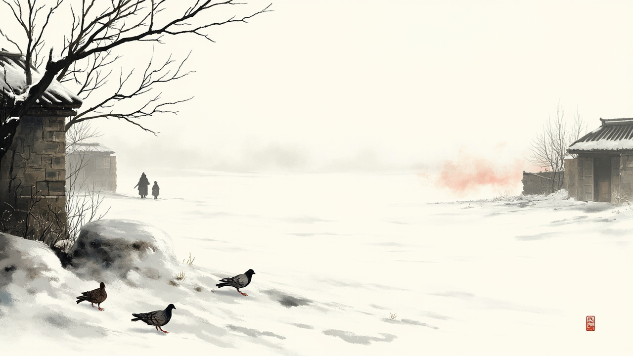 和平年代的第一场大雪遮盖了死人的尸骨,饥饿的野鸽子在雪地上蹒跚,它们不愉快的叫声,宛如寡妇们含义模糊的抽泣。