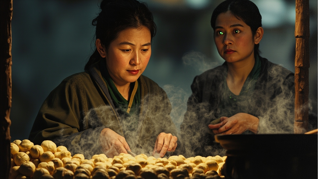 寡妇匆忙地为他准备包子,因为这个大肚子食客的到来,她的脸上焕发了光彩,而她旁边的摊主儿,眼睛里放出了绿光。