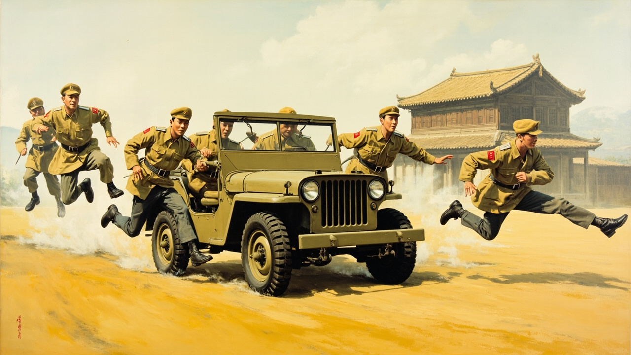 在门老道门前的空地上,停着一辆草绿色的吉普车,从车上跳下四个身穿黄军装、胸脯上佩戴白布标记的公安兵。