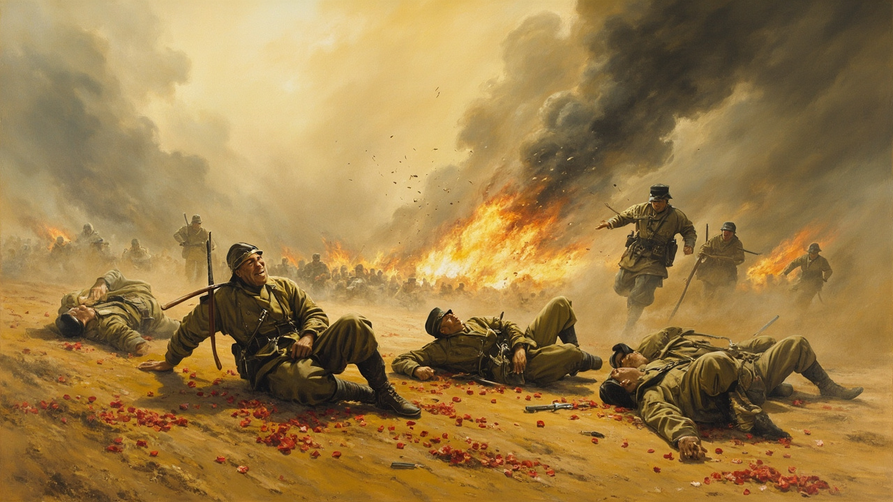 有的士兵从火龙中跳出去,趴在地上哭叫着抓耳挠腮乱打滚;有的士兵被困在火龙里,疯子般跳跃着,他们的脸因为疼痛和恐怖歪曲得奇形怪状,转眼间即瘫在火里。