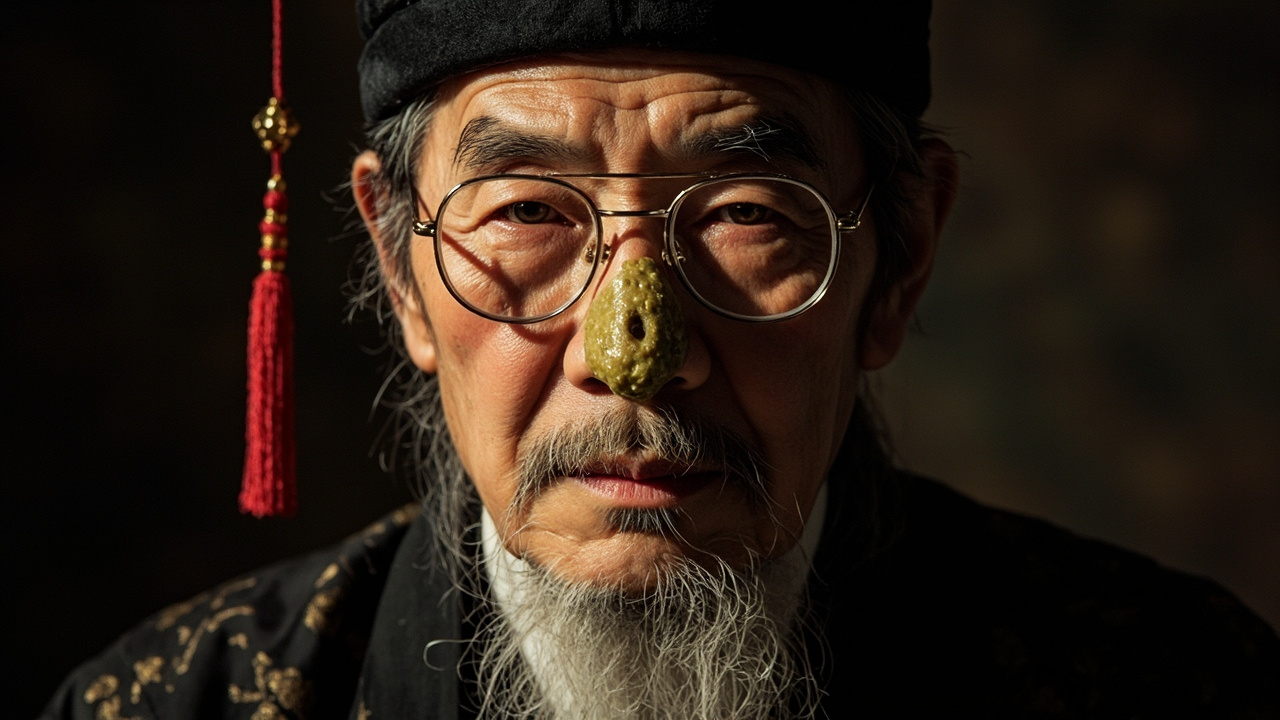 那眼镜沉重地滑落到他的弯曲的鼻梁中段,一滴绿油油的鼻涕水,悬挂在他的鼻尖上,永远保持着将落末落的状态。