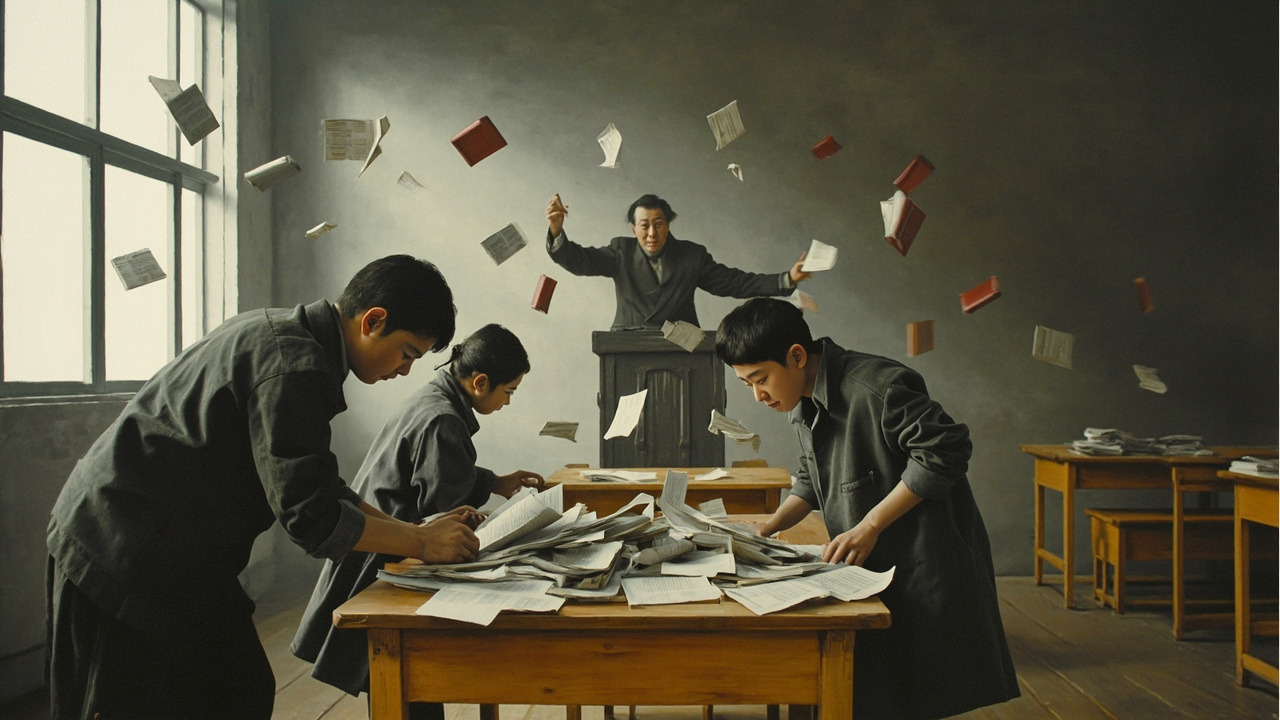 课堂上一片混乱,学生们笑得前仰后合,大个子徐连合连连捶击桌子,矮胖子方书斋把手中的书本撕碎,扬到空中,灰白的纸片像蝴蝶一样飞舞。