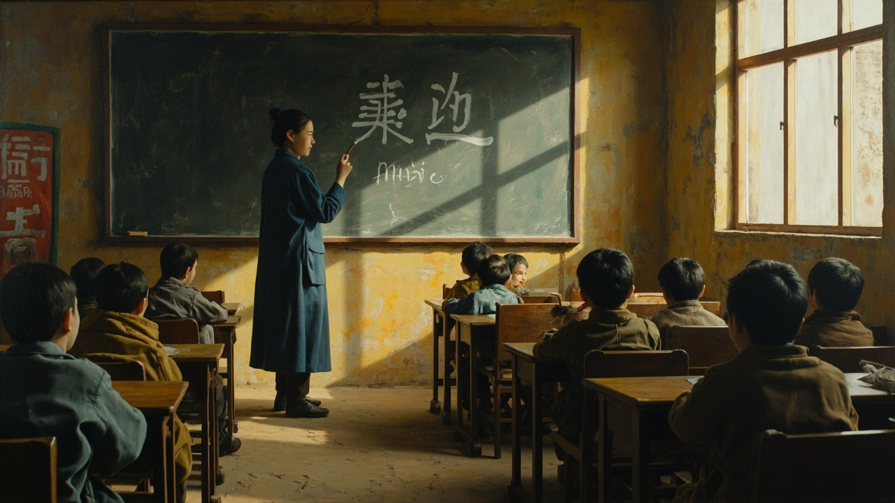 音乐,县城派来的女教师纪琼枝用一根教鞭指着黑板上她刚刚用粉笔写上的两个白色大字,用高亢嘹亮的嗓门说,这一节我们上音乐课。