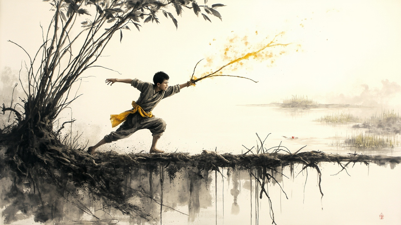 魏羊角想拔一棵野蓖麻做武器,但蓖麻根系肥大,拔不出来,他只好折了一根蓖麻枝子,呼呼啦啦地挥舞着,冲向草桥。