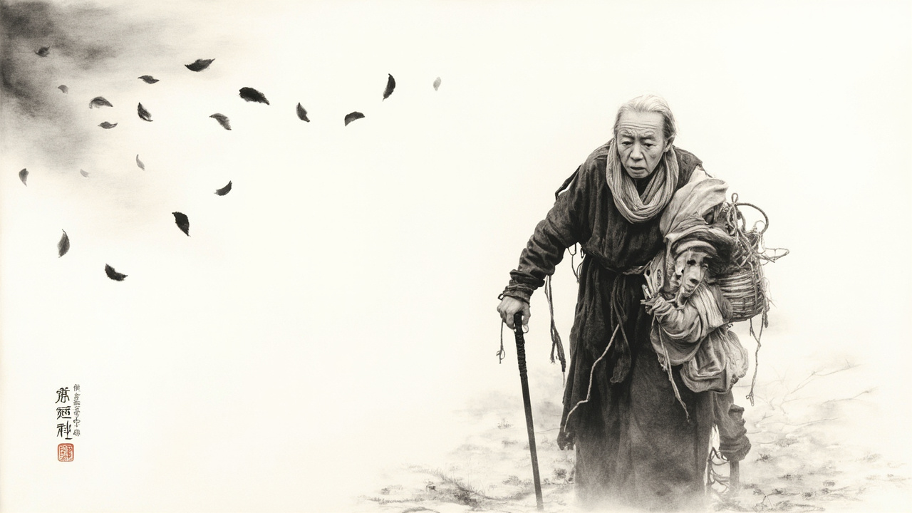 她的教鞭指向一张图画,画上面着一个脸像骆驼一样的老太婆,挎着一个破篮了,拖着-根要饭棍,一个瘦得像小猴一样的女孩拽着她的破烂的衣角,几片从画面左上方拖着几道断断续续的黑色线条飘落下来的黑色树叶表示着寒风凛列。“