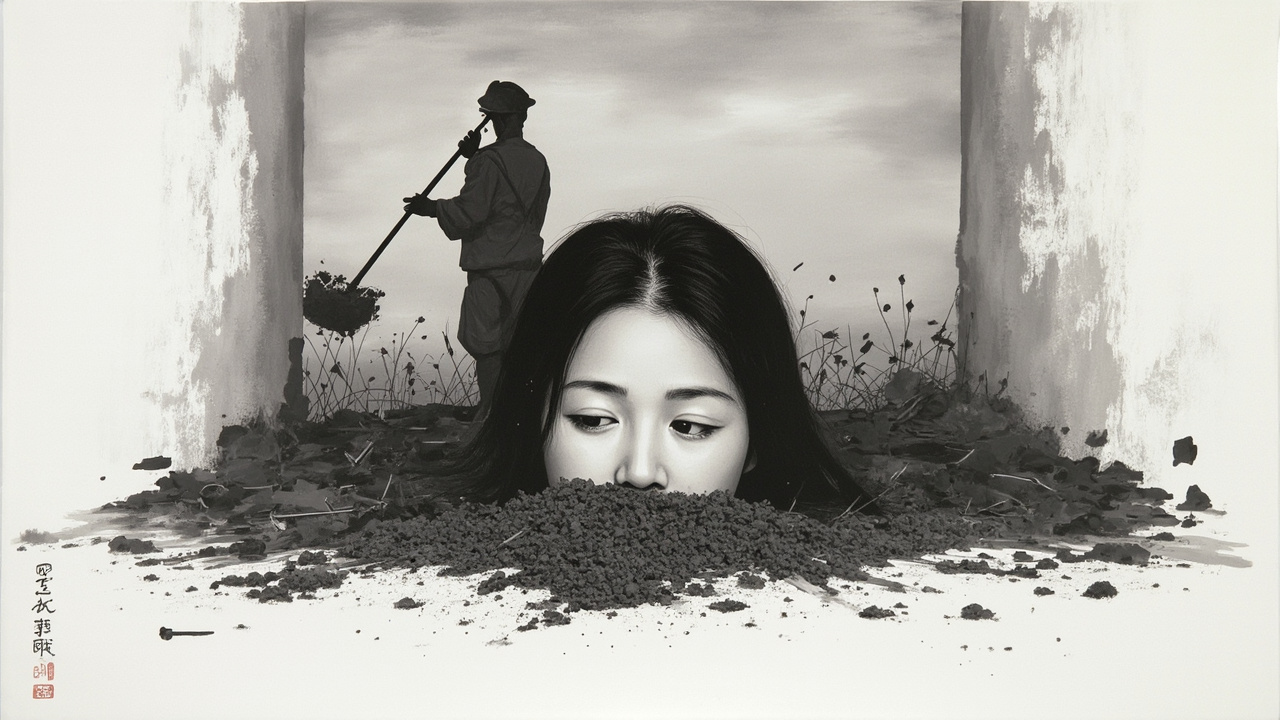 --蔡老师确实头晕了,她的头靠在画面上的埋人坑里,一个小小的还乡团扬起一锨泥土,似乎要把她埋掉。