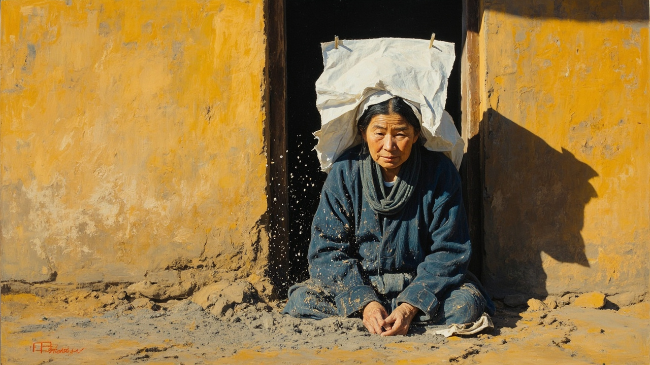 她坐在了墙根前,画片子蒙住了她的头,墙上的灰白色泥土,刷刷啦啦地落在了白纸上。