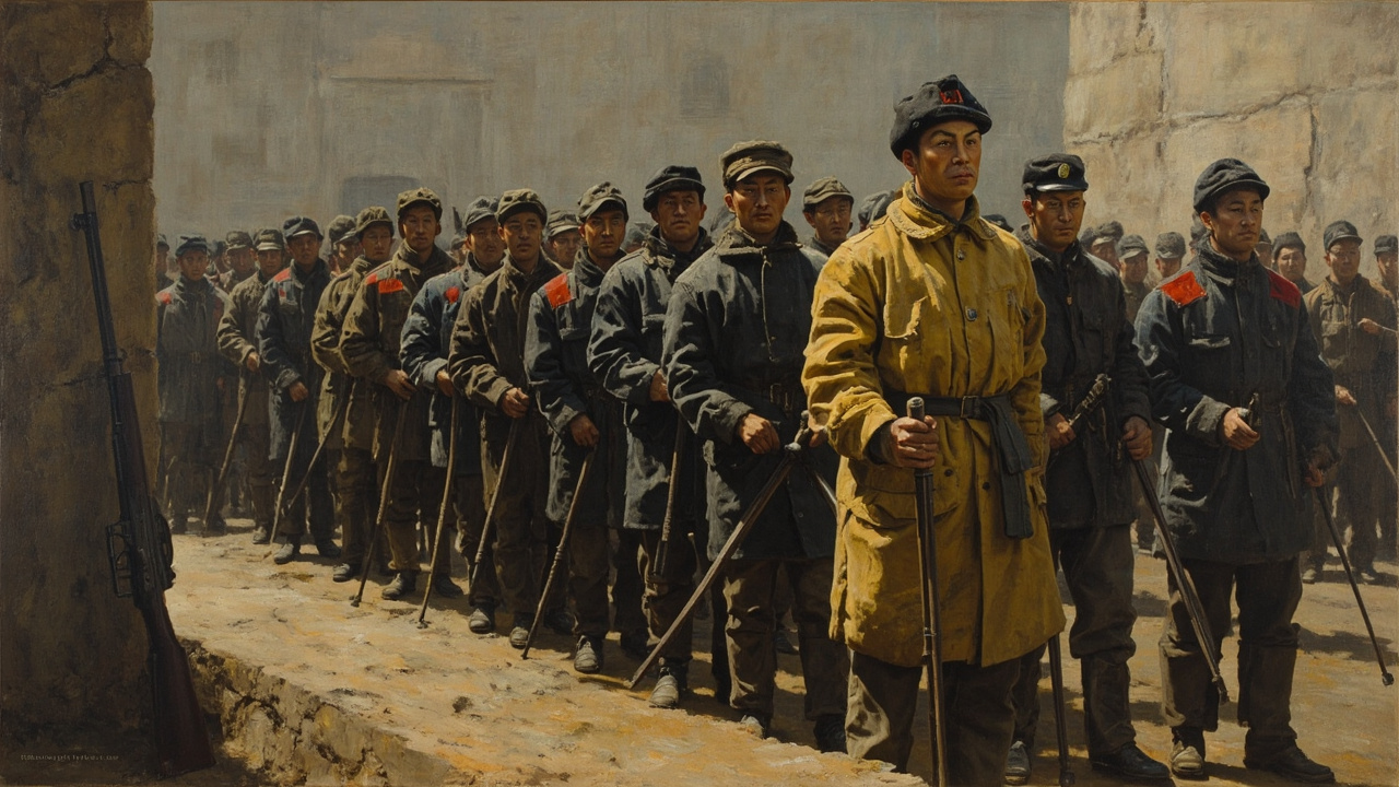 民兵们把大枪竖在墙角上,都挽起袖子,拿起皮鞭棍棒之类,像公堂衙役一样分列成两队,嘴里发出呜呜的呼啸。