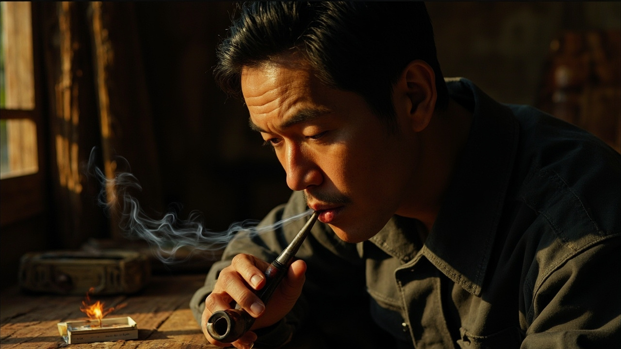 杨公安员装上一锅烟,捏起一根白头火柴,在粗糙的桌面一擦,“哧啦”一声响,火头燃起,他叼着烟袋,嘴唇“吧唧吧唧”响着。