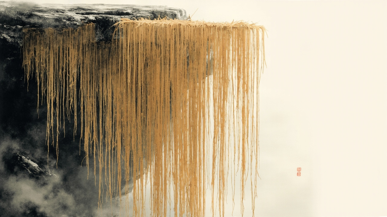 剩余的苇席，铺在了土台的表面，并沿着台边的陡峭土壁，像黄金瀑布一样悬挂下来。